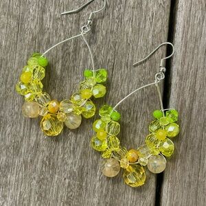 Handmade Silver-Tone Hoop Earrings Yellow & Green Wrapped Beads- Made in Sweden!
